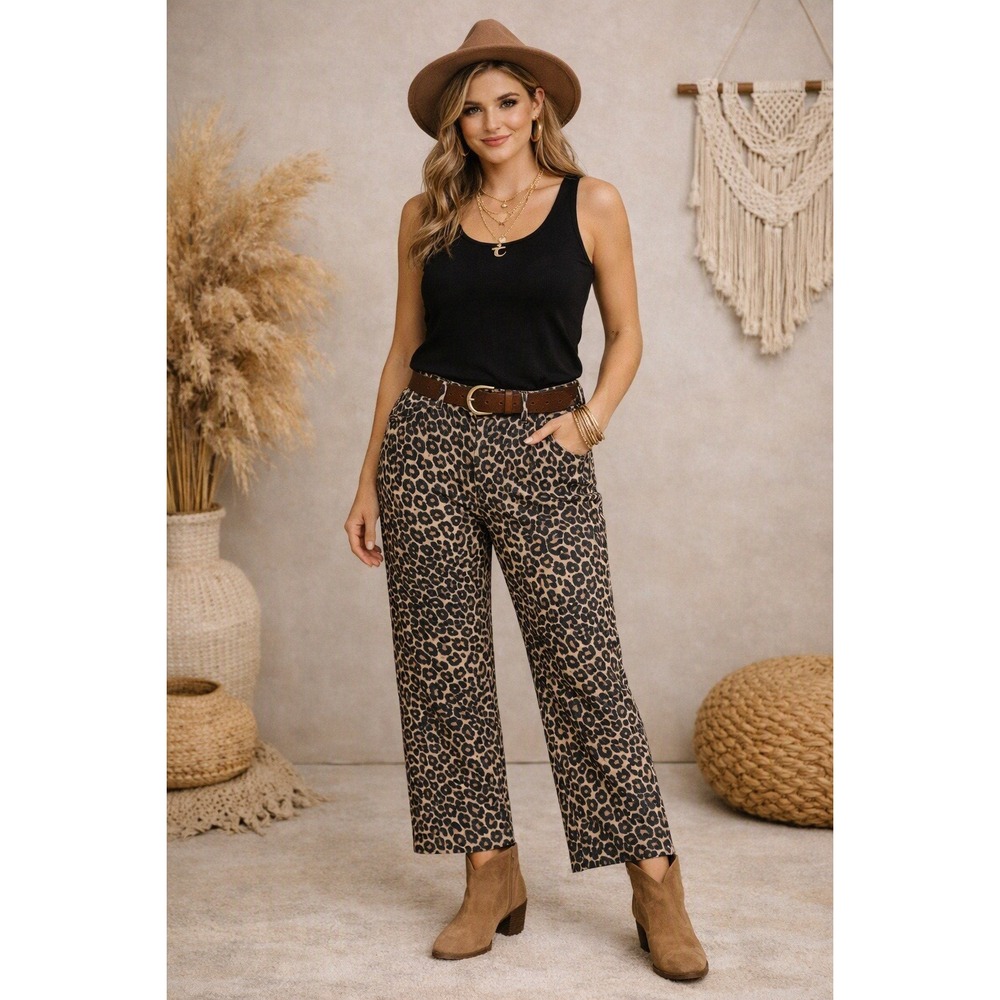 Miou Muse Wide Leg Leopard Denim Jeans Pants Womens Small Boho Artsy Raw Hem